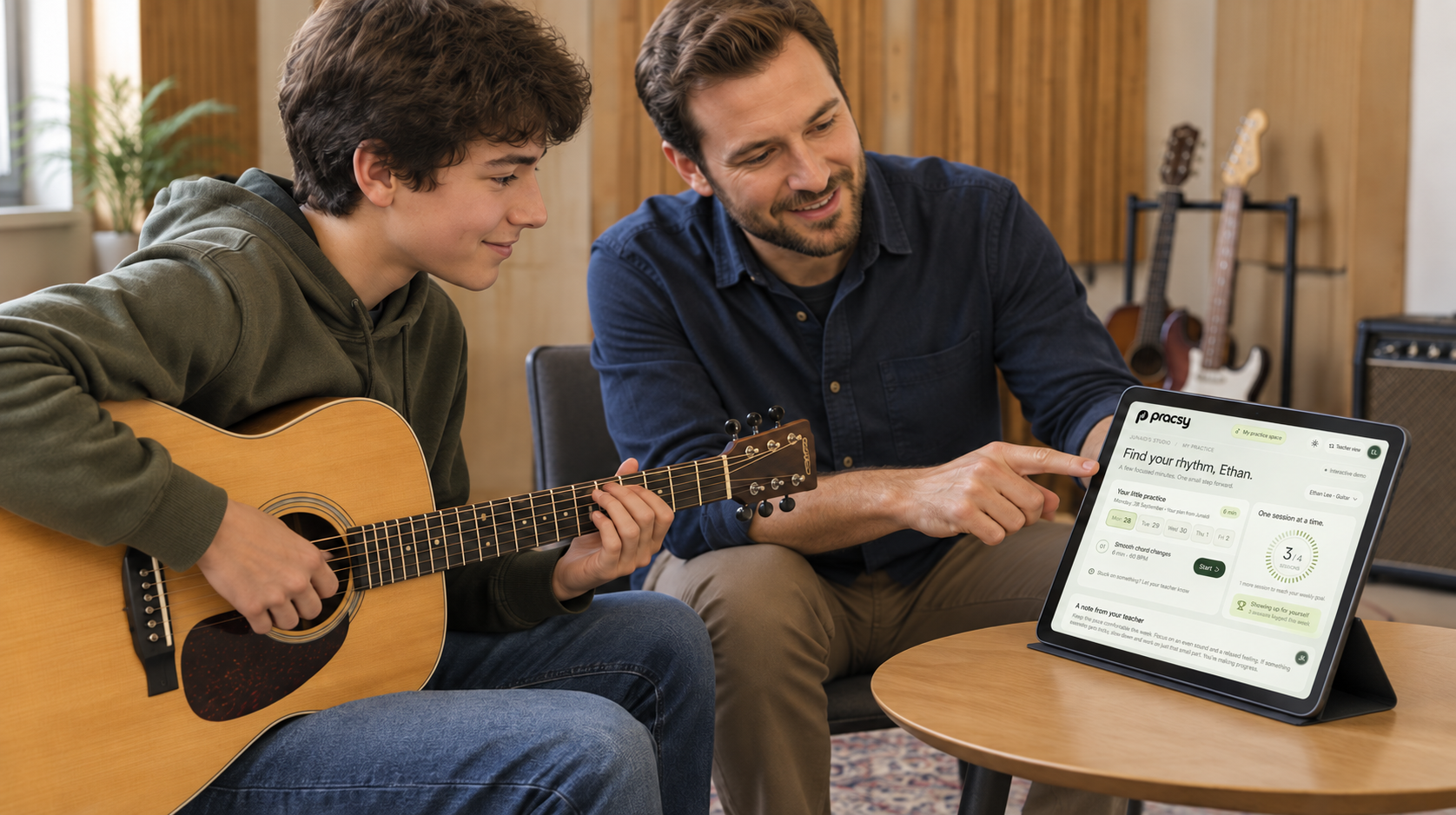 A guitar teacher and teenage student reviewing the pracsy practice plan together on a tablet